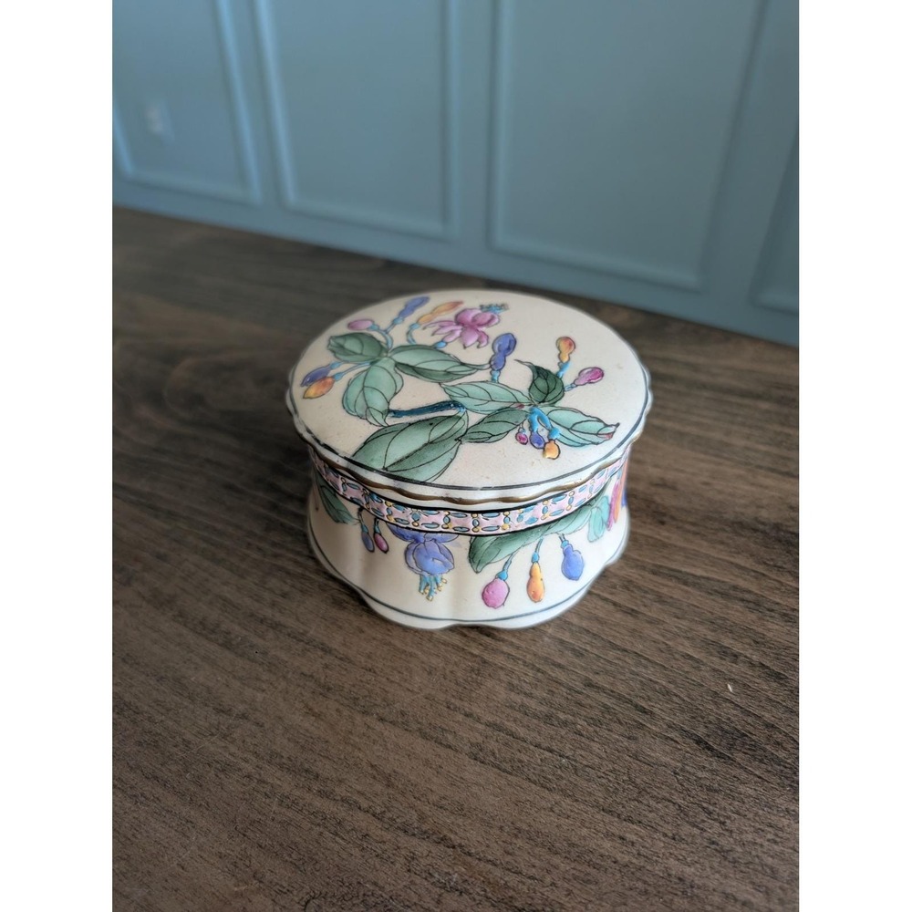 Vintage H.F.P. Macau Trinket Box Cream Floral Jewelry Hand Painted Porcelain Lid